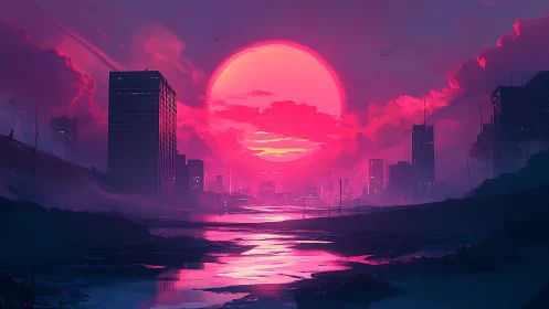 Neon dusk swallows the city while rivers mirror its glow