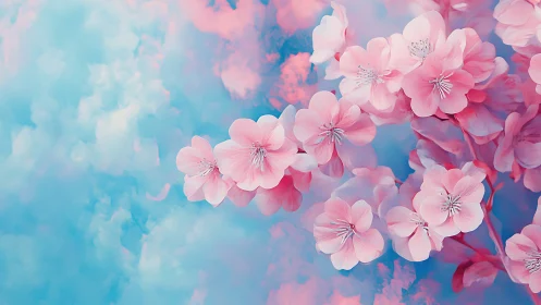 Pink Cherry Blossoms Against Dreamy Blue Sky.