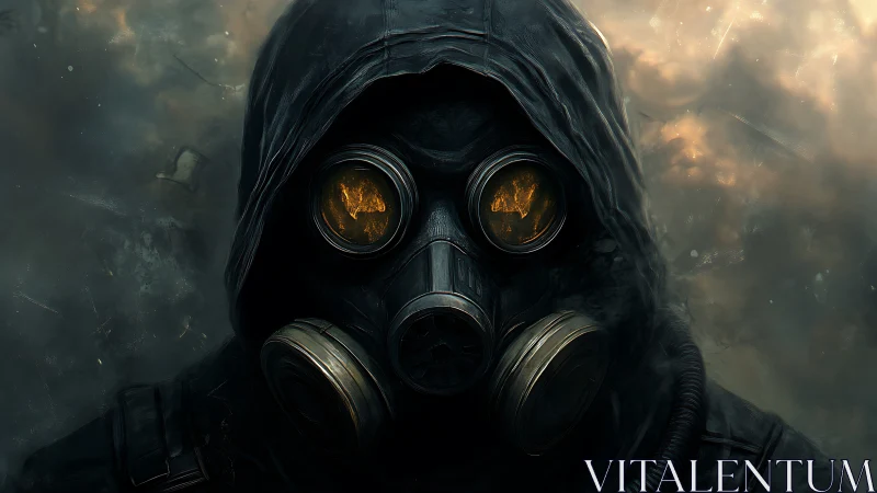 Hooded wasteland watcher studies fires reflected in goggles