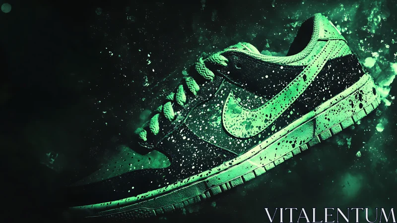 Neon sneaker comets through splattered cosmic green night