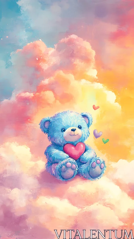 Sky-bright teddy drifts through cotton-candy clouds of love