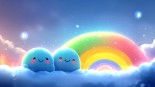 Luminous Anthropomorphic Cloud Characters with Polychromatic Rainbow Arc
