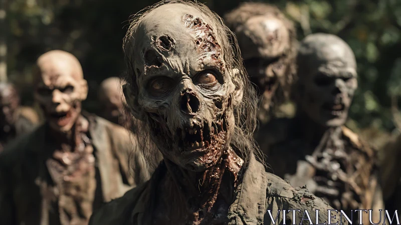 Rotting zombie horde advancing through forest clearing.