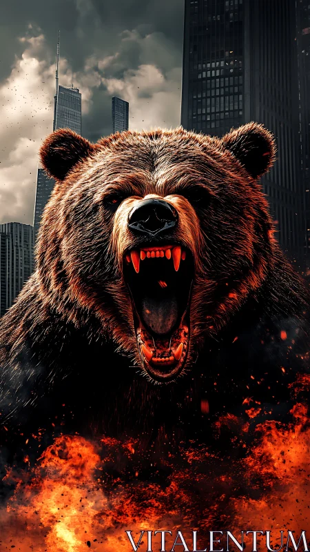 Roaring inferno bear storms a dark futuristic cityscape