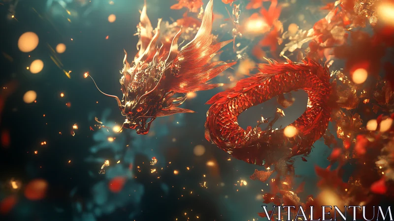 Celestial crimson dragon swirling through emberlit petals.