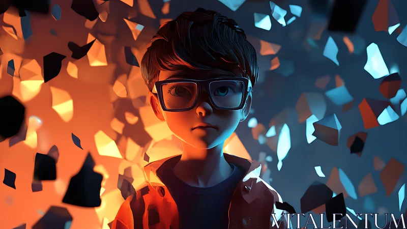 3D boy with glasses amid glowing geometric shards.