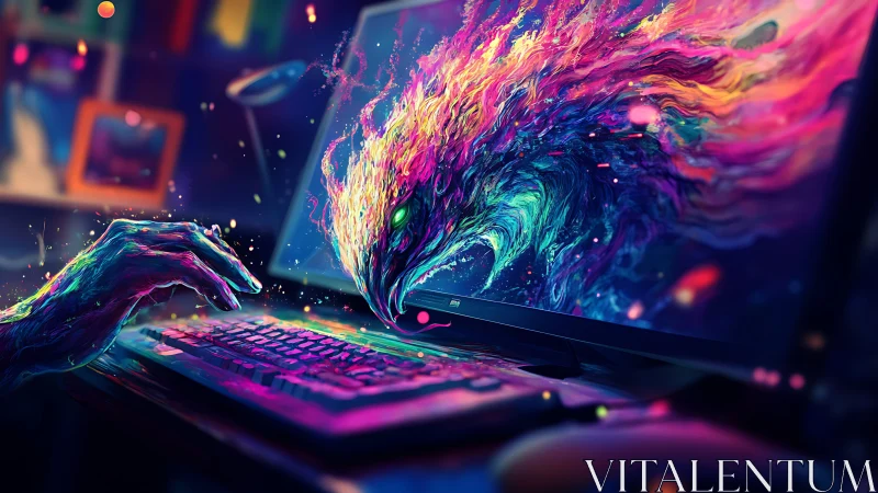 Digital workstation with neon avian entity emerging.