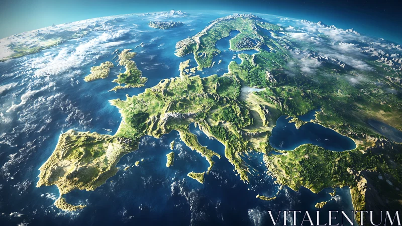 Rendered satellite perspective of Europe and surrounding seas.