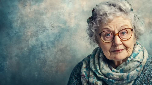 Elderly Woman in Glasses with Scarf, Artistic Portrait Style.