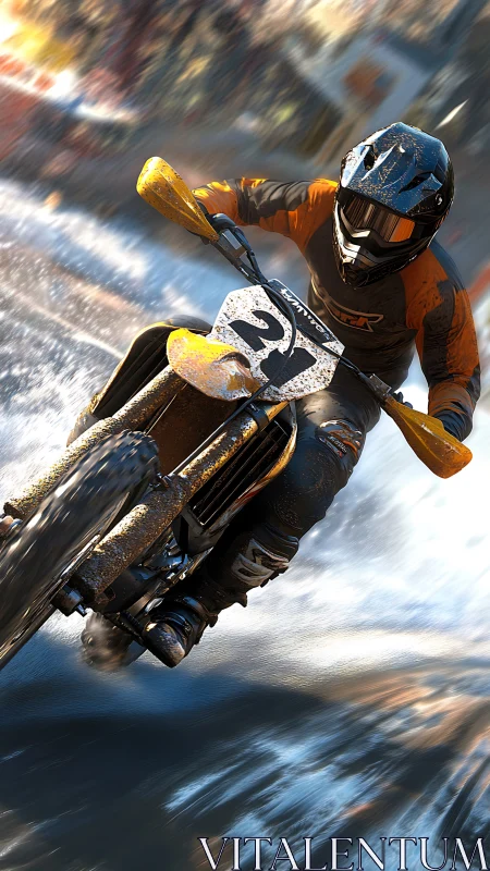 High-velocity motocross rider slicing through wet terrain.