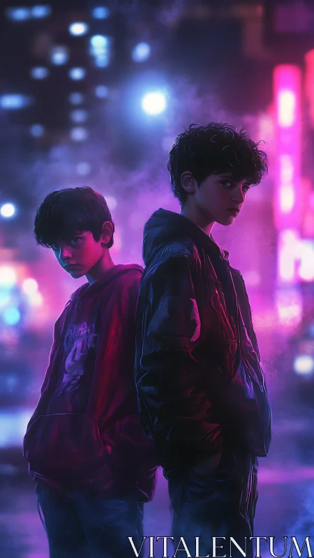 Two boys stand in neon city fog under vivid night lights