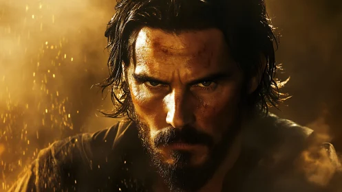 Battle-scarred warrior glaring through molten-gold duststorm.