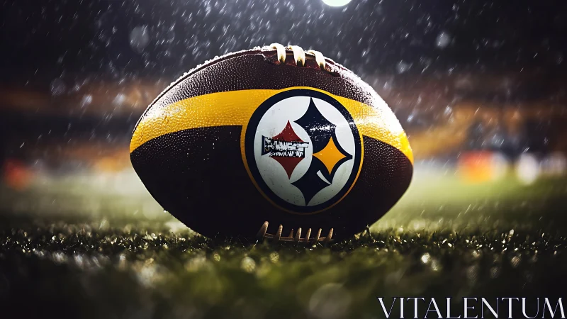 Football with Steelers-style logo rests on wet turf at night