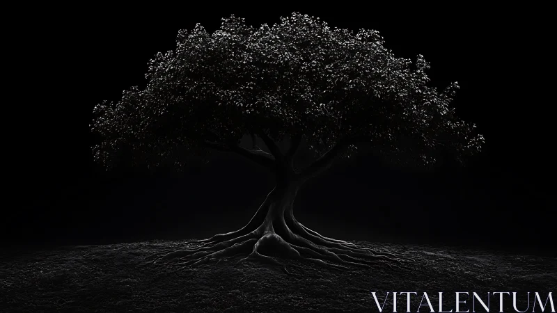 Solitary tree silhouette with exposed roots on dark ground.