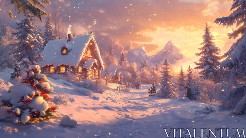 Golden winter sunset wraps a snowy cabin in gentle warmth