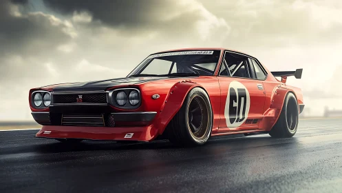 Widebody retro race car on wet asphalt under stormy sky.