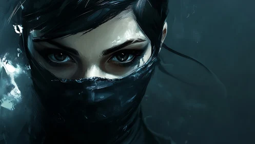 Storm-eyed shadow assassin emerging from midnight mist.