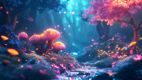 Bioluminescent Fantasy Forest with Glowing Mushrooms.