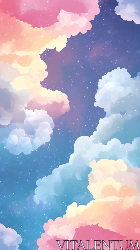 Dreamy pastel clouds drift softly through a starlit sky