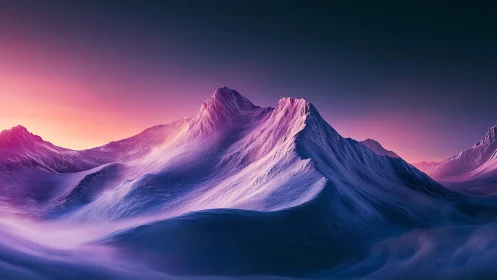 Snow-covered mountain peaks glow under vivid twilight light