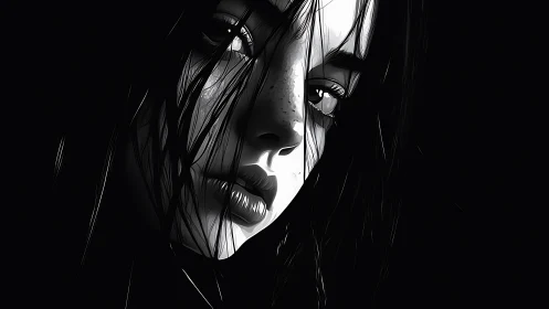 Monochrome digital portrait shows young woman in shadow