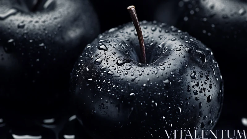 Glistening black apple wrapped in moody, elegant shadows.