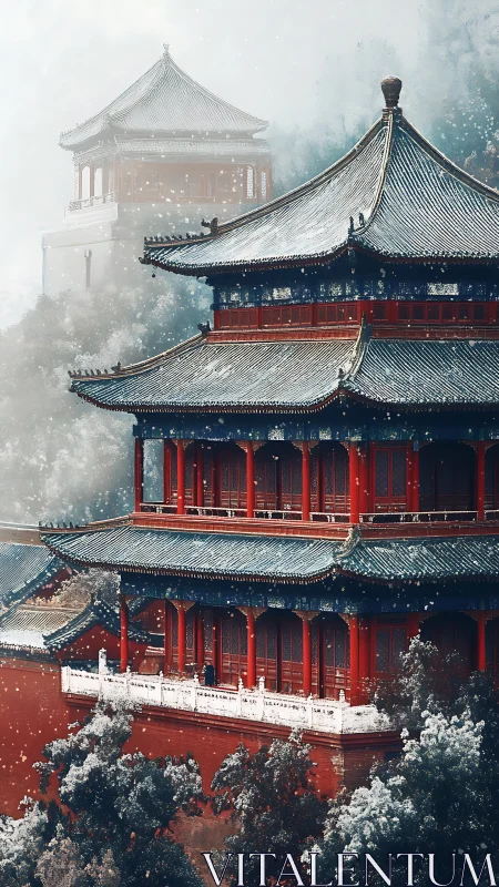 Multi-tiered East Asian temple in mist with snowfall.