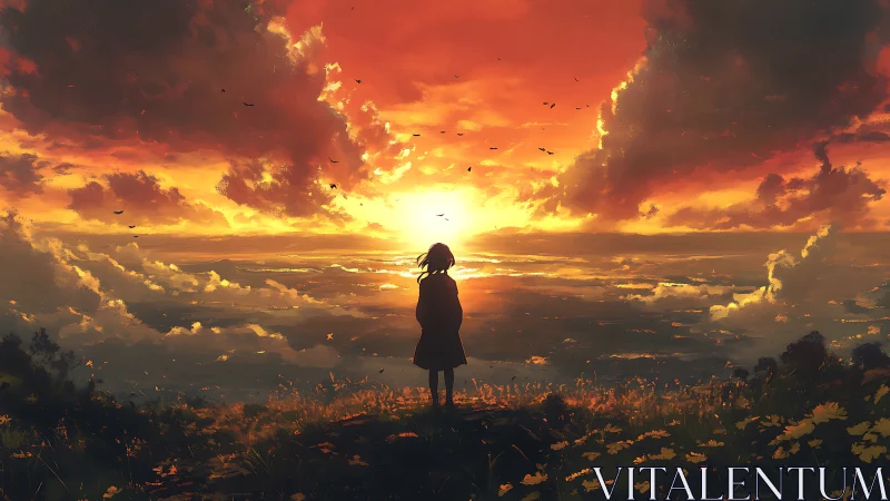 Silhouetted figure observes volumetric sunset over cloud sea