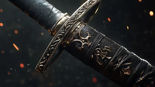 Photorealistic close-up of engraved medieval sword hilt design.