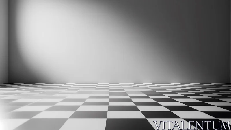 Empty room with black and white checkered floor pattern.
