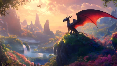 Crimson-winged dragon surveys iridescent valley at sunrise