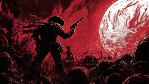 Gunslinger eclipses a blood moon above crawling horrors.