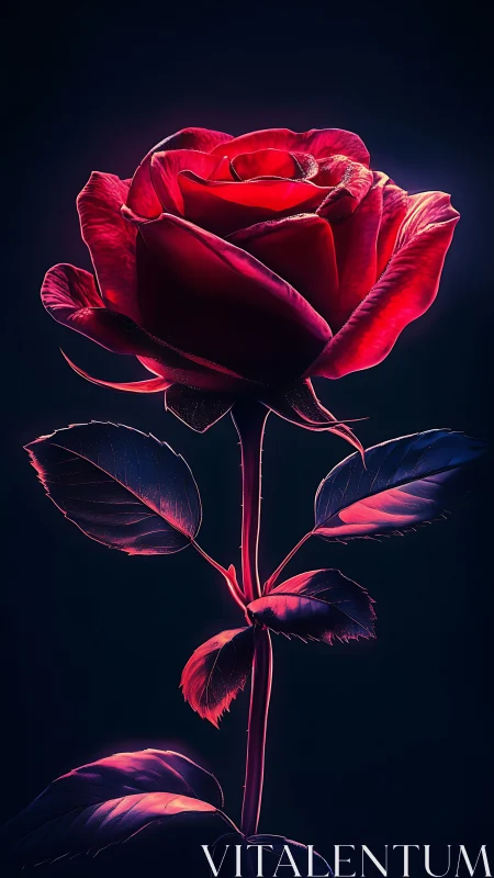 Red rose rendered with neon luminescence against dark background.