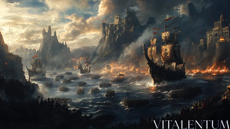 War galleons assault burning fortress coast under storm