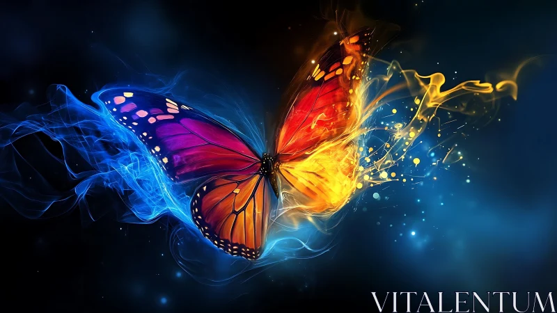 Vivid glowing butterfly with blue and orange energy trails.