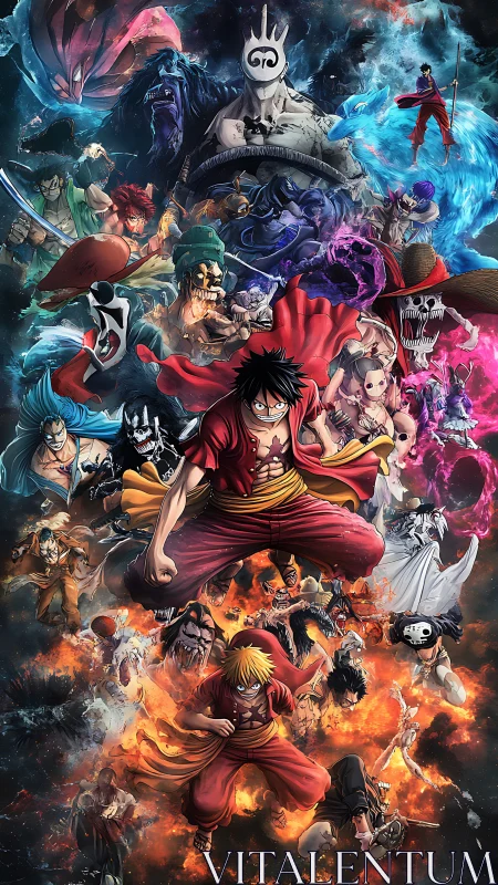 Epic anime heroes surging through fire, magic, and stormy skies.