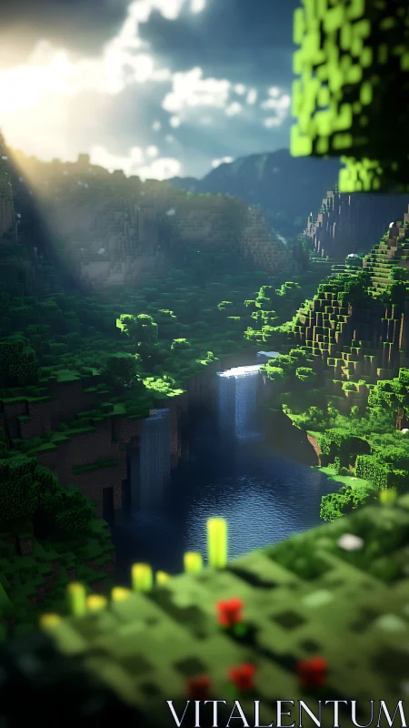 Sunlit voxel valley frames a tranquil twin waterfall lagoon