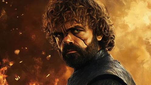 Intense warrior gazes through swirling embers and golden fire