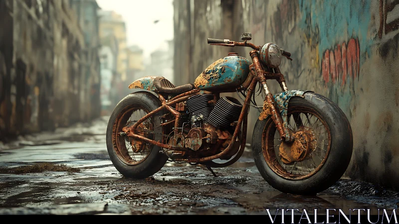 Rusted custom motorcycle stands abandoned in a wet urban alley