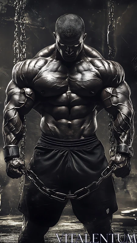 Forged titan lowers his gaze while chains sag in surrender