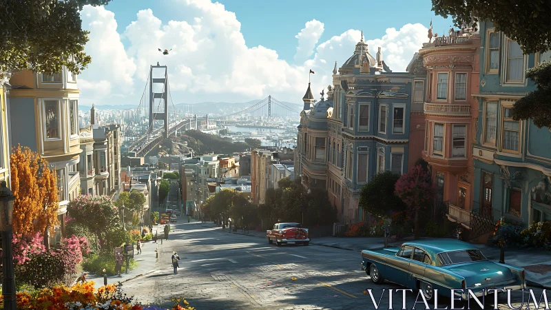 Sunlit hill pours classic chrome toward the distant bridge