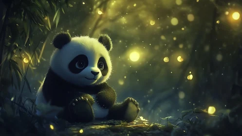 Gentle panda cub in glowing forest of golden fireflies.