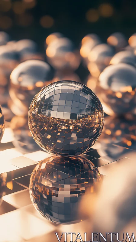 Reflective mosaic sphere amid soft golden bokeh geometry.