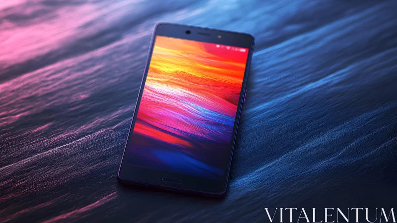 Modern smartphone on textured surface with vibrant digital display.