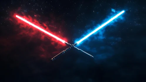 Crossed red and blue energy swords intersect in deep space