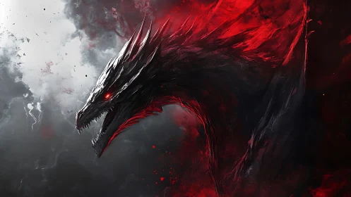 Volcanic-bathed draconic profile in red-black storm haze