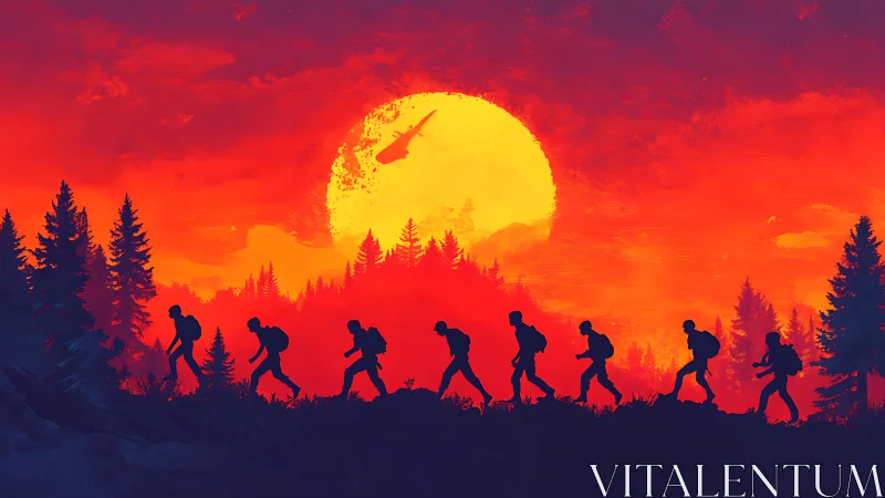 Hikers cross ridgeline under blazing red sunset sky