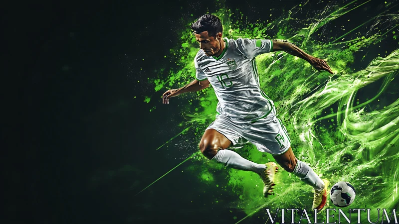 Dynamic footballer in motion amid neon green energy trails