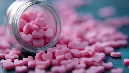 Pink Heart Candy Spilling from Glass Jar.