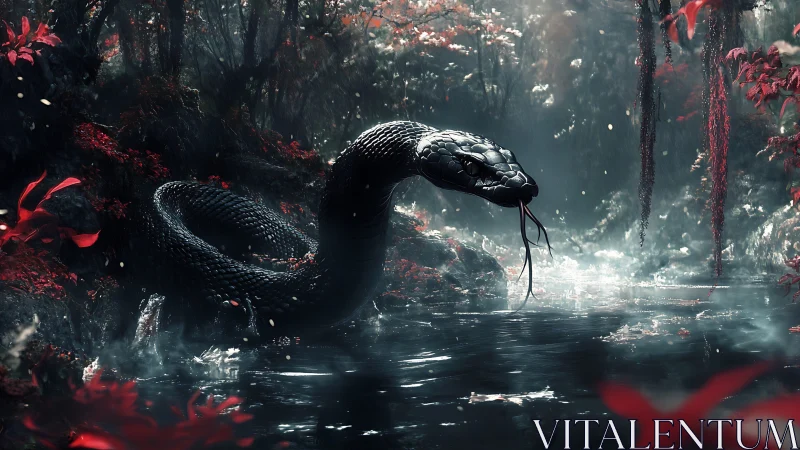 Black serpent rises from misty forest river in red foliage
